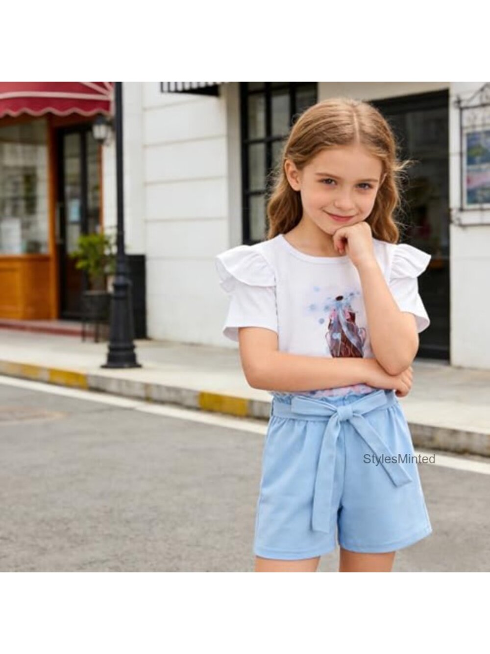 Toddler Girls 2-Piece Short Set Ruffle Sleeve Bow Tee + Matching Shorts Cotton - Picture 5 of 6